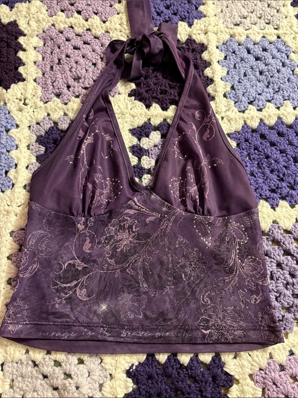 ROMWE Plum Floral Lace Halter Crop Top